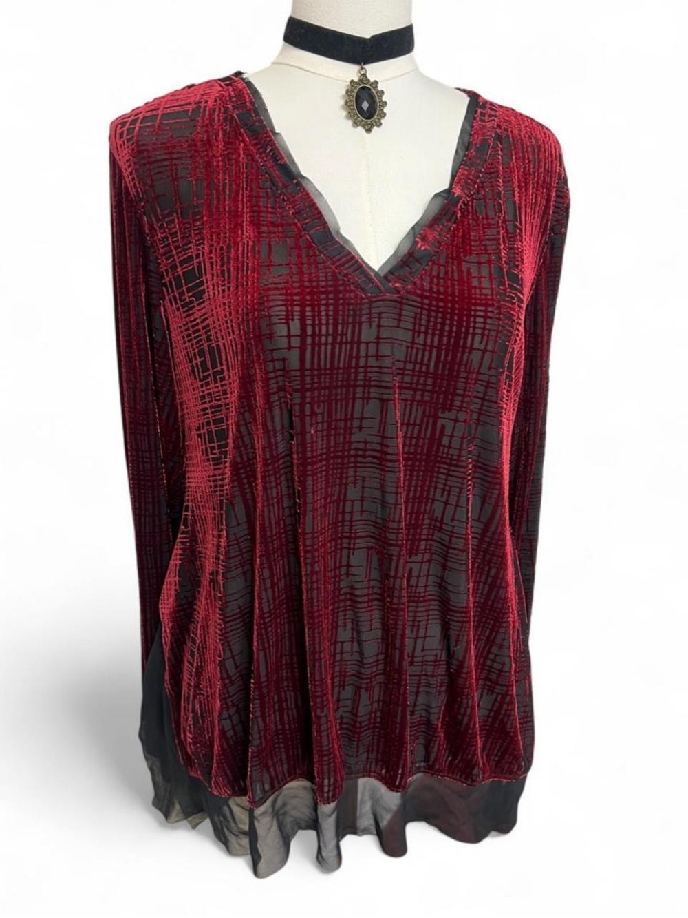 Red and black velvet long sleeve sheer blouse whimsygoth Victorian y2k holidays
